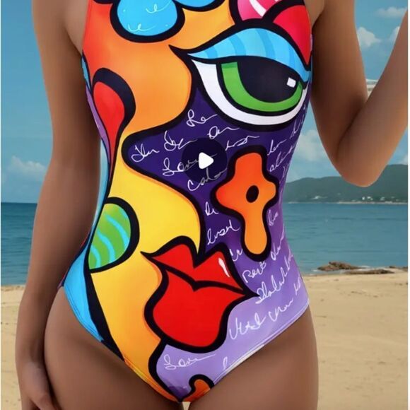 Colorful Graphics Abstract Face One Piece Swimsuit Beach Vacation Cruise Swim - Picture 2 of 6